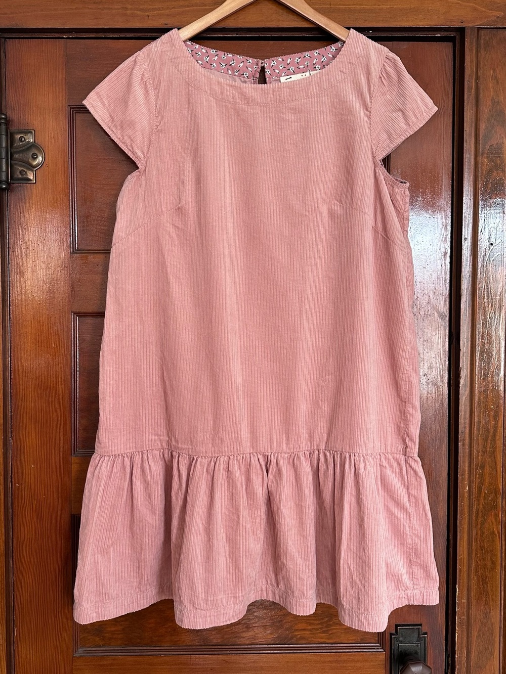 New Anthropologie Pink Round Neck Flounce Hem Corduroy Mini Tunic Dress Size 14